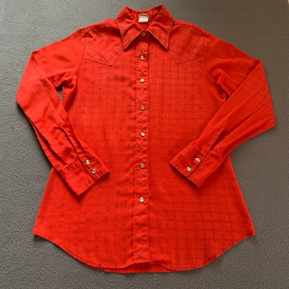 Vintage 70s Wrangler Western Pearl Snap Shirt Red Plaid USA Women's 9 XS